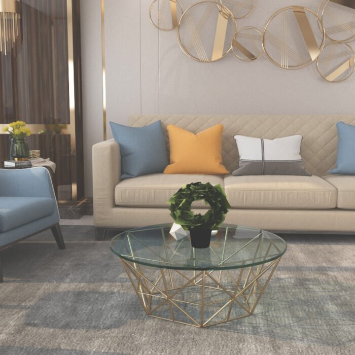 Round Coffee Table with Glass Top and Geometric Base – TB-SS-11 - Image 1
